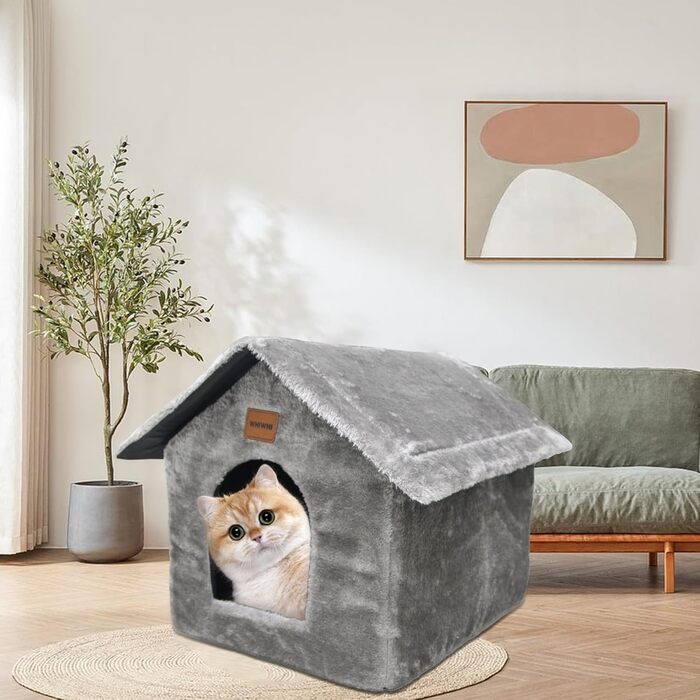 Будиночок для котів Whiwhi, плюшевий, з м'якою подушкою, переносний, теплий, антиковзкий, 40x35x40 см, сірий