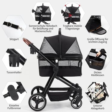 Складаний візок для собак та візок-буги для тварин до 15 кг, одноярусний, з повідцями безпеки, сітковими вікнами та місцем для зберігання, ідеальний для подорожей та прогулянок, чорний