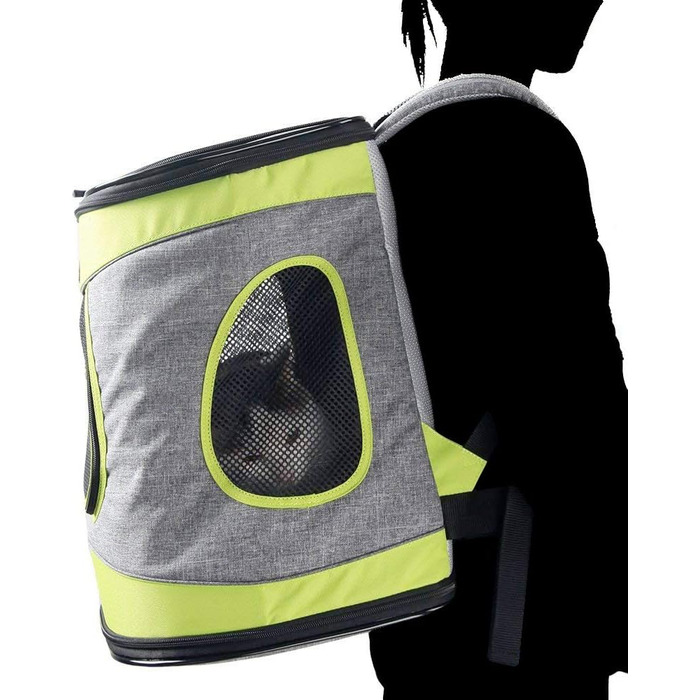 Складана переносна переносна коробка для собак та котів. Транспортна сумка для авто та авіаперельотів. Рюкзак для тварин, сірий та техно-зелений.