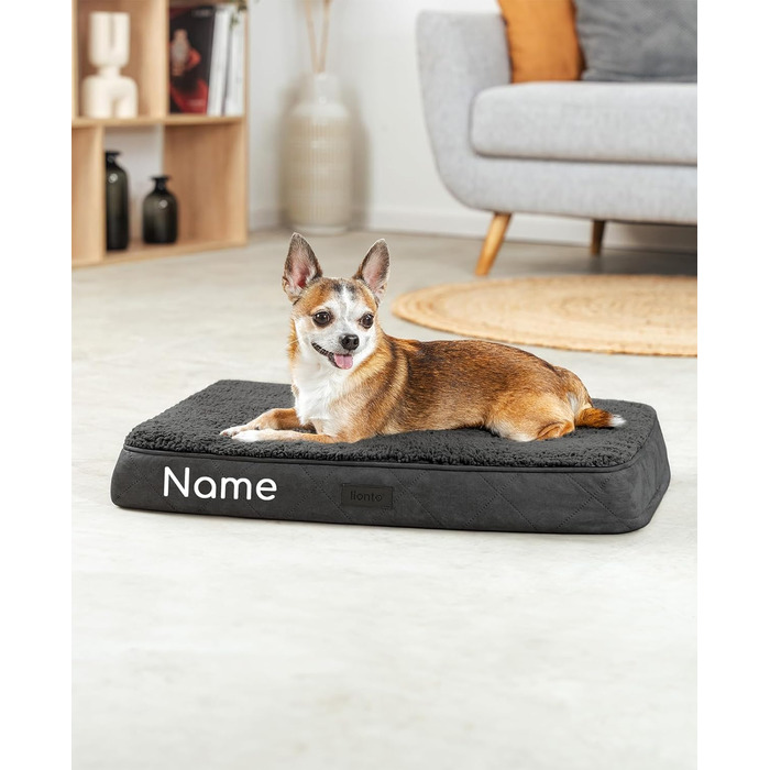 Ортопедичне ліжко для собак Lionto, 112x81x8 см, міцне, з м'яким плюшем, знімний та пральний чохол, водовідштовхувальне, для собак та котів, з нанесенням імені (60x40x8 см, чорне)