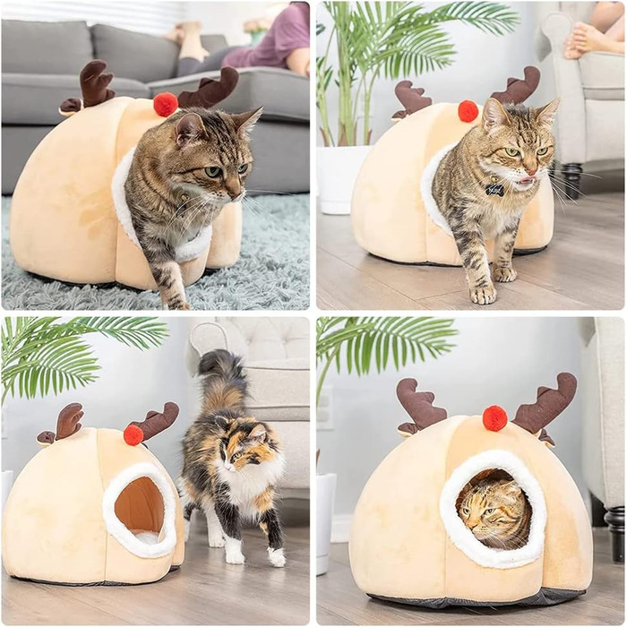 Кругле ліжко для домашніх тварин: котів, собак, кроликів. З м'якого матеріалу, у вигляді наметового будиночка з оленем на тему Різдва.