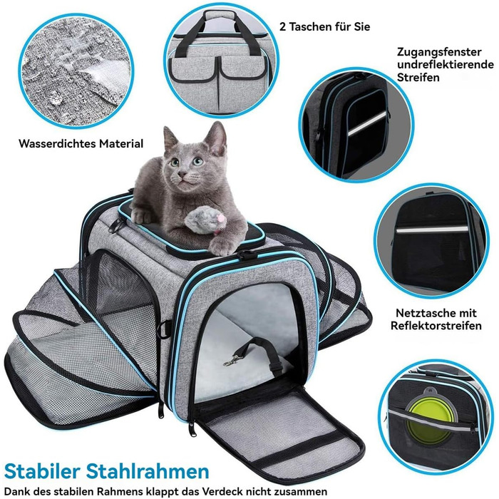 Транспортна переноска для котів та собак, велика, 46x28x29 см, розширювана, сіра. Підходить для котів, собак, цуценят, авіаперевезень.