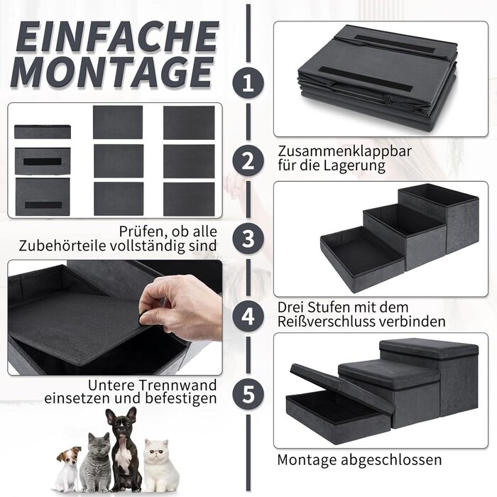 Сходинка для тварин OUUTMEE: складана сходинка для собак та котів, сірого кольору, 3 сходинки, максимальне навантаження 30 кг