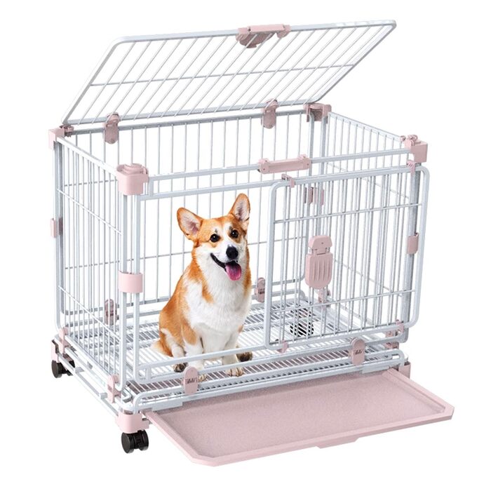 Транспортна переноска для собак, вольєр, переноска для тварин, складана, металевий каркас, 2-3 ярусна, з подвійними дверцятами, антизламна, з колесами та піддоном, легка у прибиранні (рожева, 76.5 x 48 x 61 см)