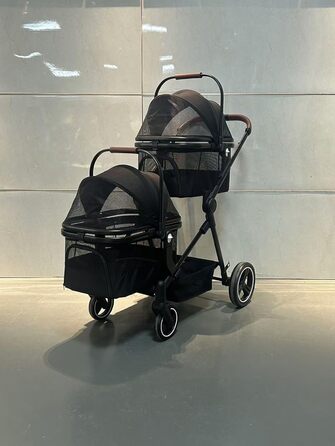Складаний двоярусний візок для собак та котів до 22 кг, з сітчастими віконцями, тримачем для напоїв та місцем для зберігання. Ідеально для двох маленьких собак або котів. Легкий та зручний двошаровий візок.