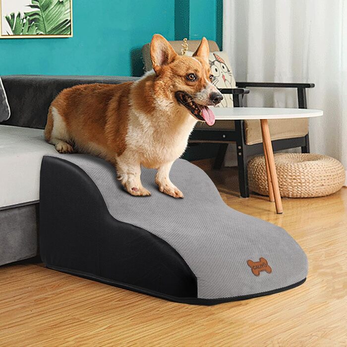 Сходинки для собак Caliyo, 2 сходинки, сірі. Для маленьких собак та котів, 26 см заввишки, з миючим покриттям та протиковзкою основою. Підходять для ліжка, дивану та автомобіля (55×40×26см)