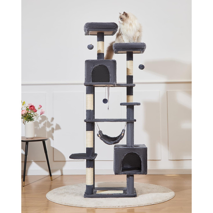 Дряпка для котів Taoqimiao MS020SG, котячий комплекс для дому, м'який будиночок з 6 стовпчиками, 2 лежаками, 2 домівками, гамаком і 3 іграшками-помпонами, сірий