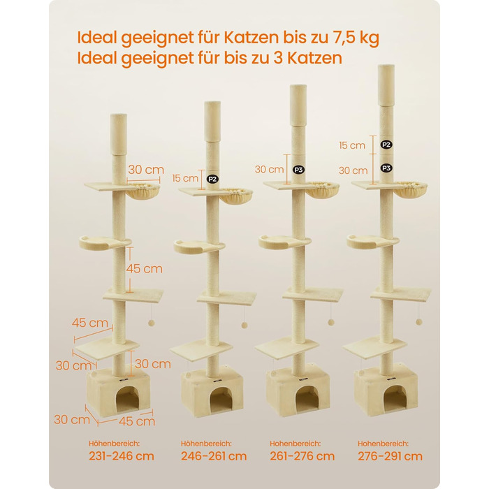 Котячий дряпак Feandrea XXL, багаторівневий, висота 231-291 см, регульований, з товстими стовпами 11 см, ігровий комплекс для котів, з домиком, лежанкою і платформою, бежевий