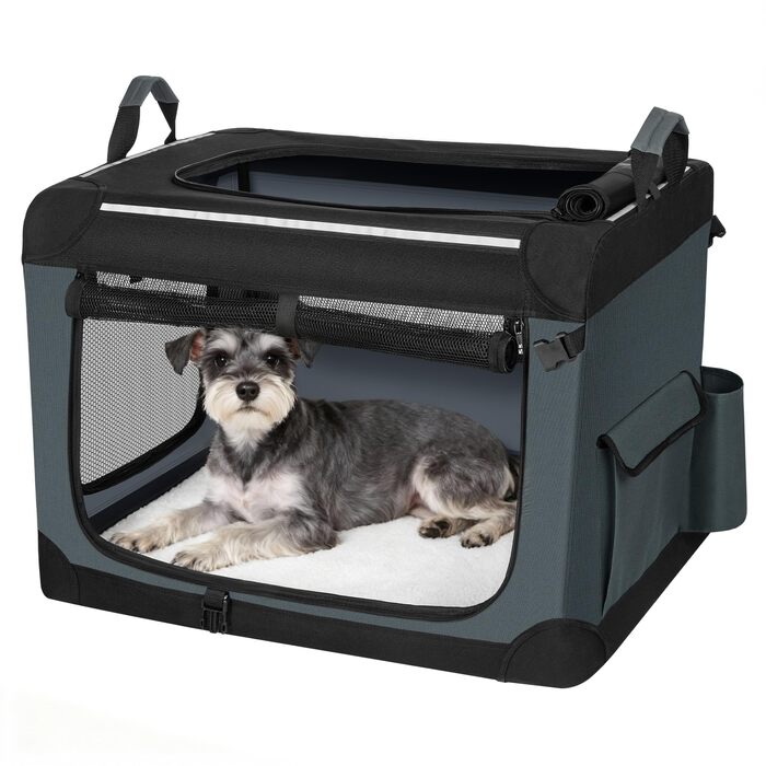 Транспортна переноска для собак Fobyfurny, сіра, 60 x 42 x 42 см, 60 л, з відбиваючими смугами та кишенями, знімний мат, Oxford-тканина, FPDT005OG1