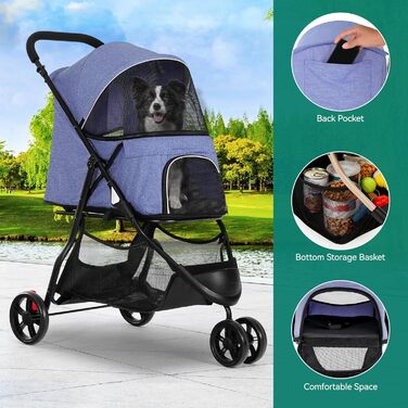 Візок для собак та котів YITAHOME 15 кг, 3 колеса, сітка, гальма, міцний, для середніх тварин (Джинсовий, 38 x 87 x 100 см)