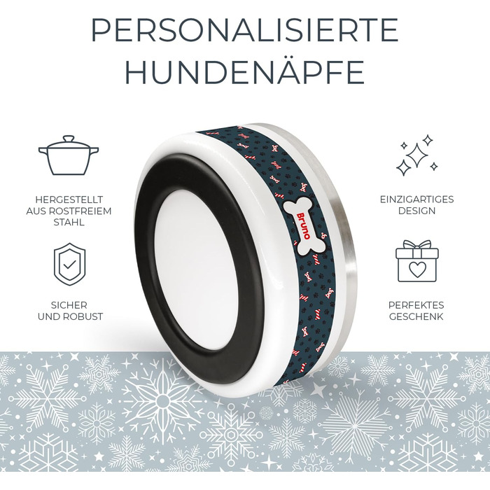 Набір для годування собак PICANOVA з іменем: миска та контейнер для ласощів у різдвяному дизайні. Керамічний набір для собак як подарунок для власників домашніх тварин. Дизайн Candy Bones.