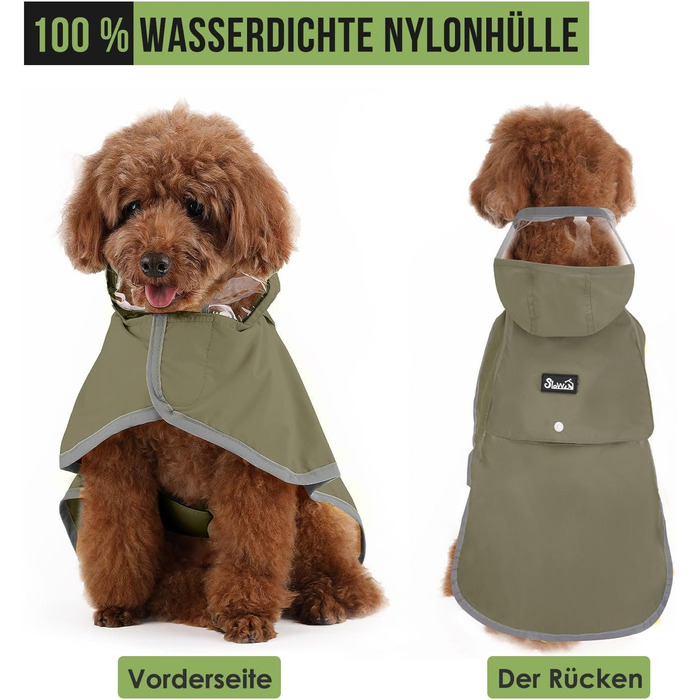 Легкий водонепроникний дощовик для собак з капюшоном, XS-XXL, з регулюванням та світловідбиваючими смугами, з кишенею