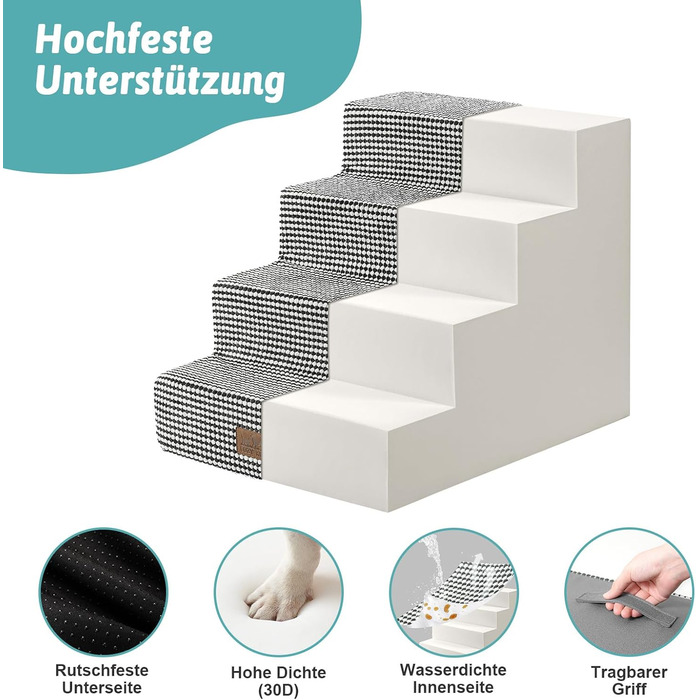 Сходинка для собак COZY KISS, 4 сходинки, 45 см, для маленьких собак, котів, для ліжка, дивану, авто. Щільний пінопласт, знімний чохол (чорний та білий, 60x45x45 см)