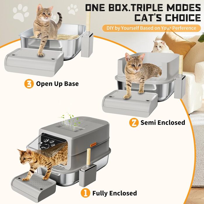 Котячий туалет із нержавіючої сталі з кришкою 60x40x39 см, 47 л, тришаровий, з подвійним фільтром, совком, не протікає, легкий у догляді, сірий