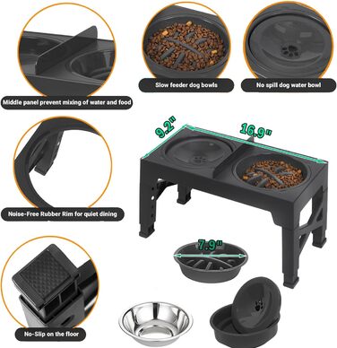 Підвищений миска для собак Arsagoo: 1 x 1100 мл з нержавіючої сталі, 1 x для повільного годування, 1 x водовідштовхувана, регульована по висоті (5 рівнів) для собак маленьких та середніх порід