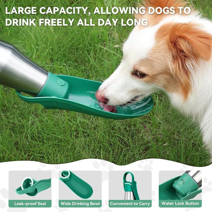 Водяна пляшка для собак, 765 мл, нержавіюча сталь, не протікає, для прогулянок та активного відпочинку (зелена, 1 шт)