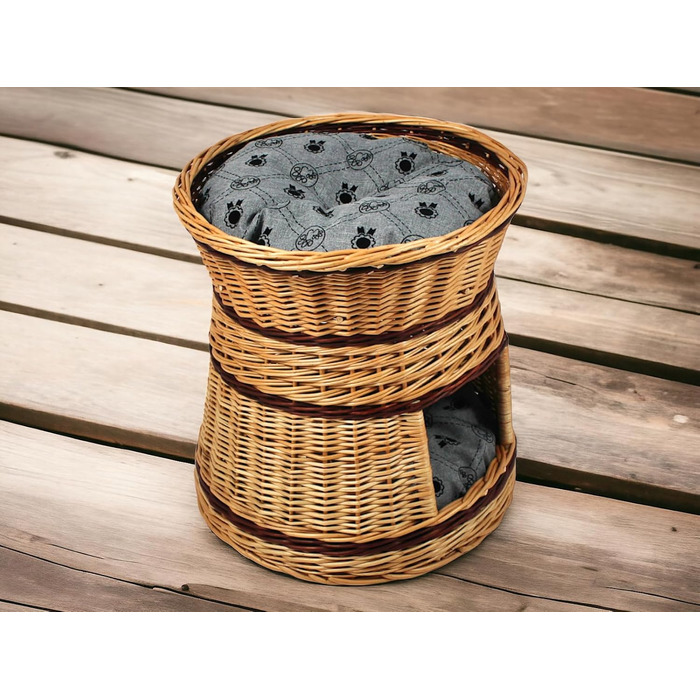 Кігтеточка-лежанка для котів та собак, діаметр 47 см, з натуральної плетінки, двоярусна, з подушкою сірого кольору 47x47x45 см