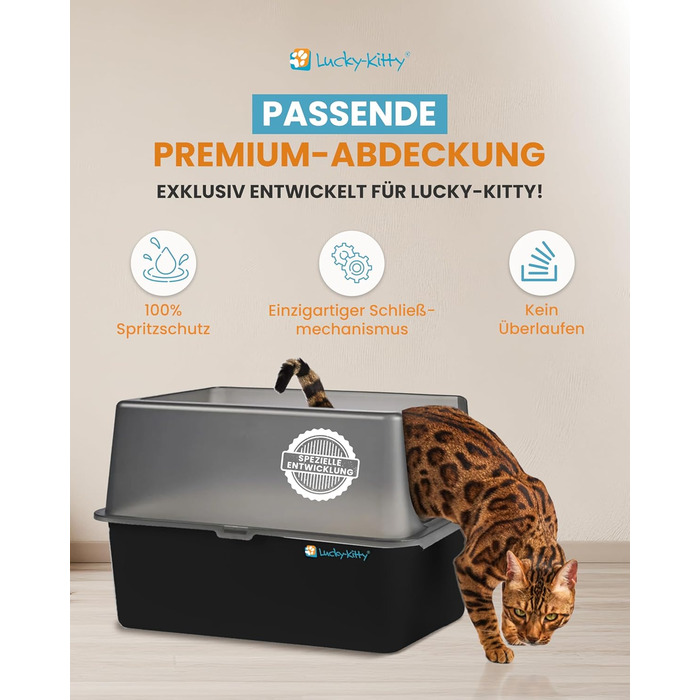 Котлочистка Lucky-Kitty Edelstahl 60x40x20 см з кришкою | XXL, не пропускає запахи, чорна | Котлочистка для котів, не витікає