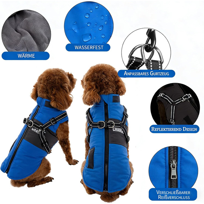 Зимова куртка для собак, дихаюча та водонепроникна - шлейка для собак з світловідбиваючими смугами - теплий одяг для собак малих та середніх порід та цуценят S, темно-синій