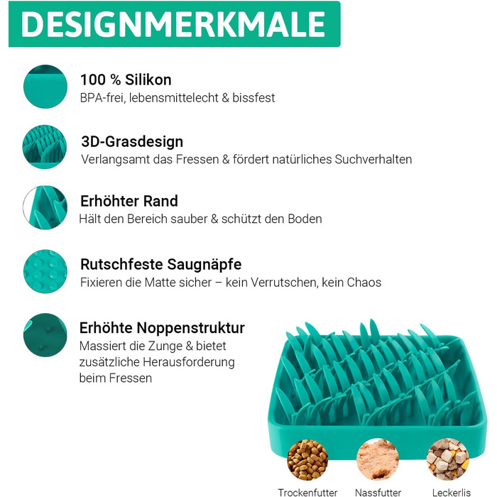 Силіконова килимок для собак PEGGY11, 28×28 см, Slow Feeder, антиковзаюча, легка у чищенні, з 3D-дизайном трави