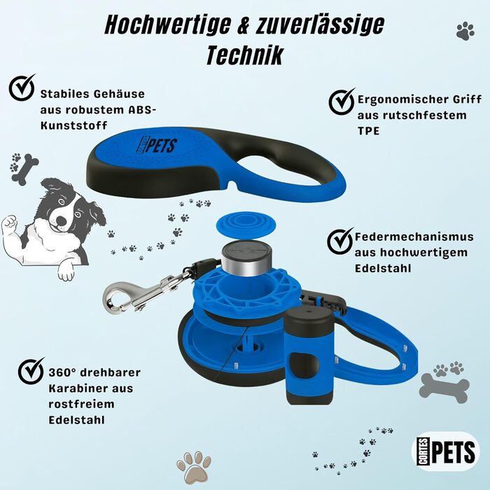 Висувна поводок для собак CORTESPETS® 5м, до 50 кг, блакитний | Високоякісний рулонний поводок