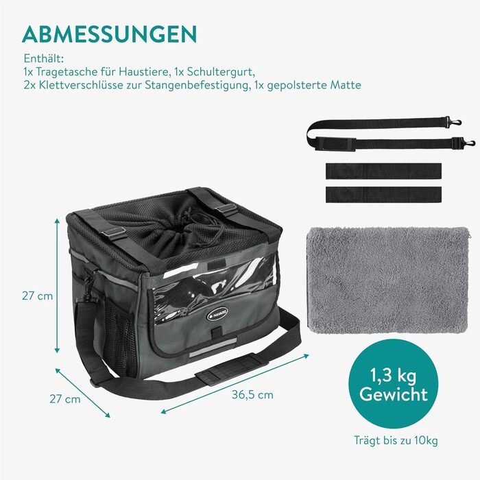 Корзина для собак Navaris на велосипед, спереду - сіра, до 10 кг, з додатковими кишенями