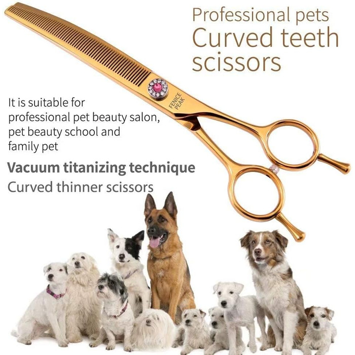 Професійні ножиці для собак Fenice Peak, JP440C, нержавіюча сталь, 17.8 см, вигнуті ножиці для фінальної обробки з 66 зубцями, кут 20-25°, титанове покриття, ергономічні ручки