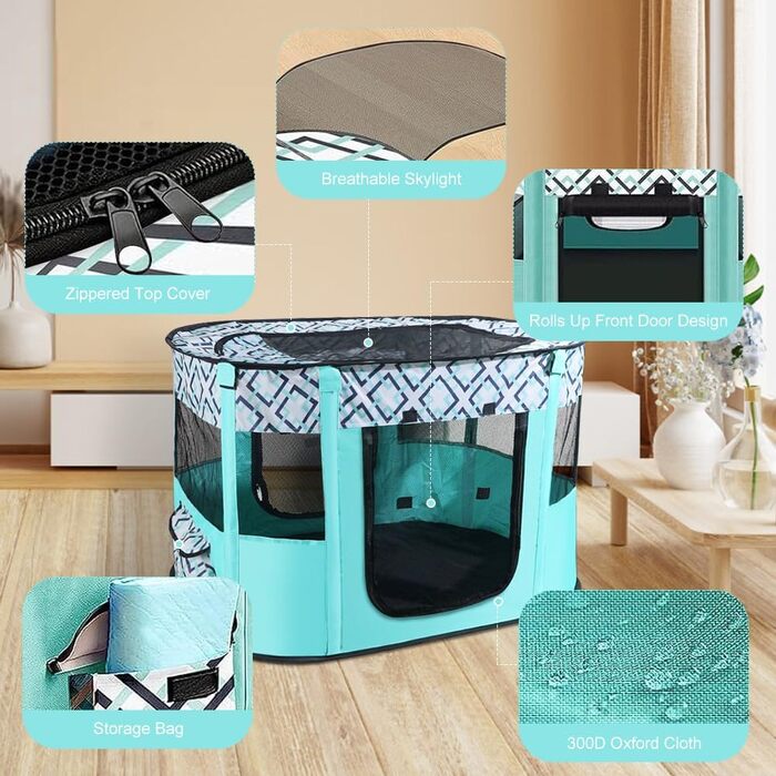 Клітка-забіг для цуценят та собак, розкладна, 70x55x40 см, зелена в клітинку