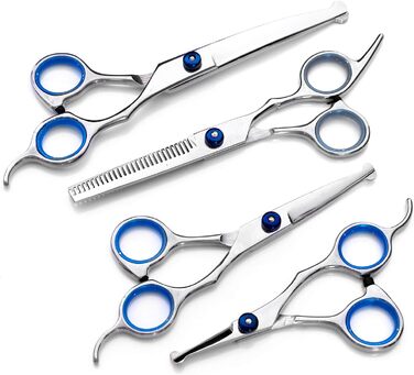 Набір професійних ножиць для грумінгу собак 9CR Edelstahl з безпечними закругленими кінцями. Комплект для стрижки та догляду за шерстю собак, котів та інших тварин. Включає ножиці для вирівнювання та розрідження шерсті, а також гребінець.