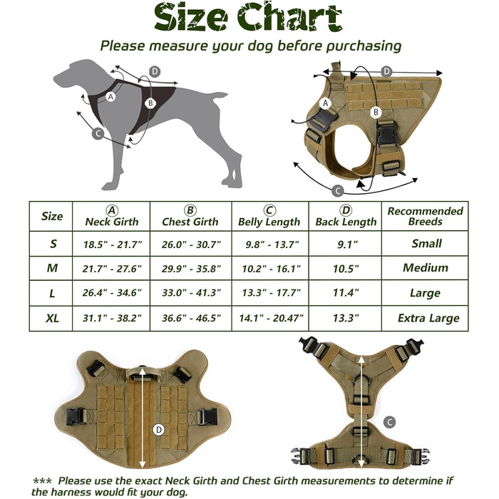 Шлейка для собак Rabbitgoo для великих собак без натягу, тактична нагрудна шлейка з MOLLE, металеві пряжки, дихаюча, військова, регульована, з підкладкою, L (1 шт., коричнева)