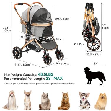 Візок для собак YITAHOME 3в1, до 22 кг, з алюмінієвим каркасом, амортизаторами, рюкзаком та тримачем для напоїв (сірий)