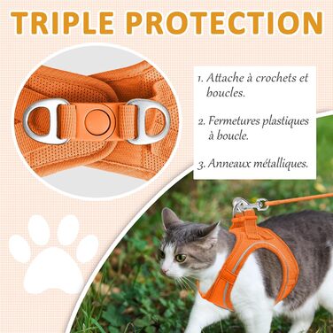 Нашийник для котів Qianruida з повідком, регульований, зручний, дихаючий, світловідбиваючий (Помаранчевий, XS)