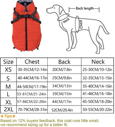 Теплий зимовий одяг для собак з кріпленням для повідка - водонепроникна куртка для собак з блискавкою, оранжевого кольору, XXL (довжина спини: 52 см)