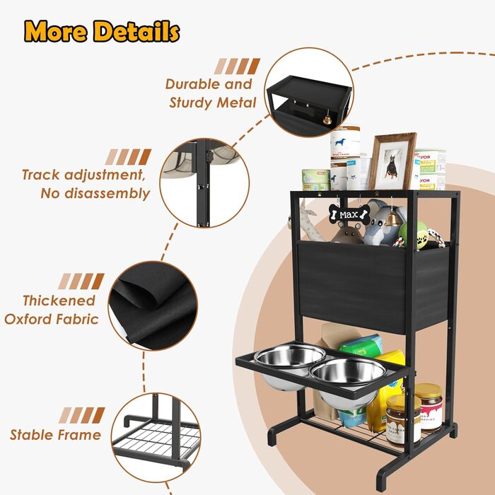 Підвищені годівниці для великих собак, екстра-великих порід, з нековзною підстилкою, об'єм 3000 мл (13 чашок), стабільна годівниця, висота 46 см, підставка для собак XXL, коричневий колір - миски та підстилка, 2,863 мл, 46 см (для великих собак, чорний ко