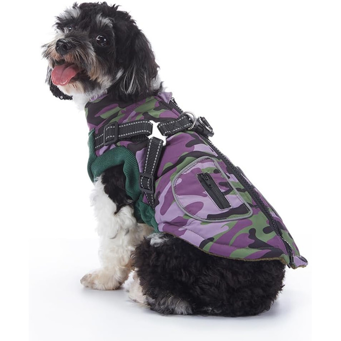 Водонепроникна куртка для собак з шлейкою, тепла жилетка, вітрозахисна куртка, відображаючий сніговий костюм для цуценят, дрібних та середніх собак (Purple,M)