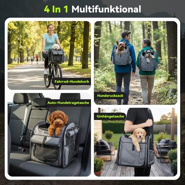 Корзина для собак на велосипед до 10 кг з міцною L-подібною кріпленням Φ80mm, складана, дихаюча, 4-в-1 (рюкзак, сумка через плече, автокрісло), з комфортним подушкою та світловідбиваючими смугами