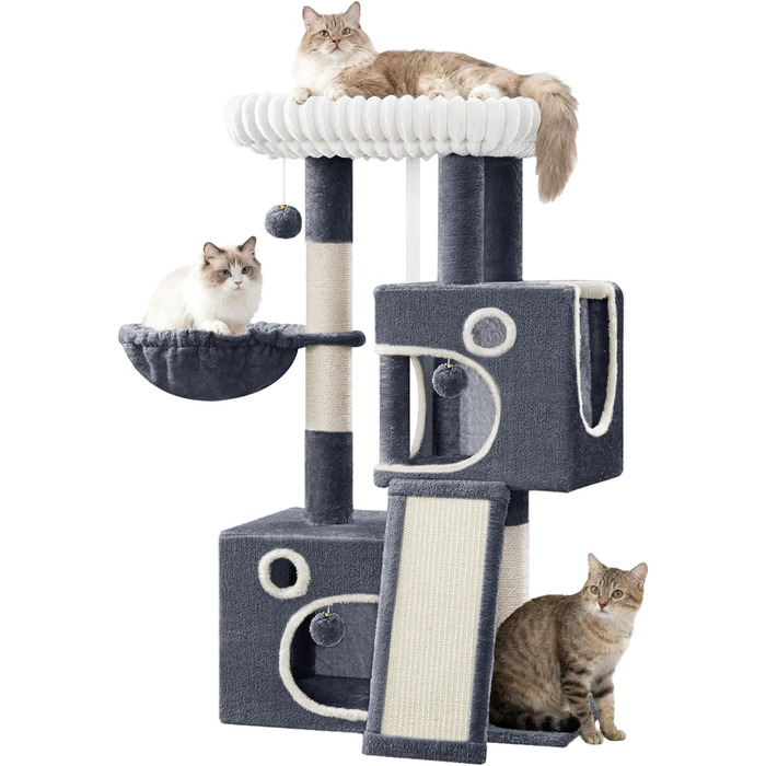 Дерево для котів Hzuaneri, 98 см: стійка конструкція, велика платформа, іграшкові м'ячики, печери, стовпчики для дряпання, дощечка для дряпання, темно-сірий MS10118SG