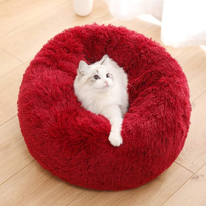 М'яке ліжко для домашніх тварин, ліжко-пончик з розкішним хутром, кругле або овальне ліжко для собак і котів, тепле гніздо, ліжко для котів і маленьких собак (100 см, червоне)