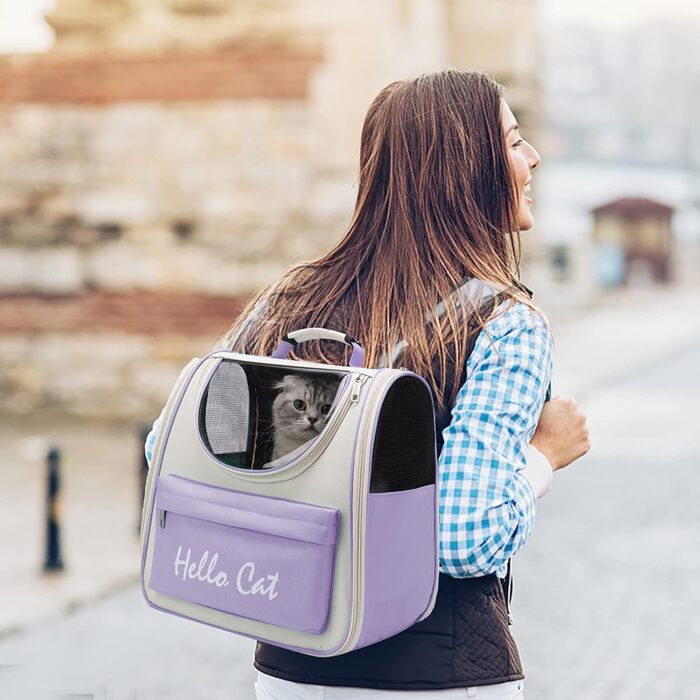 Рюкзак для кота та собаки PETCUTE з сіткою, дихаючий, з поводком, знімний килимок, для прогулянок (фіолетовий)