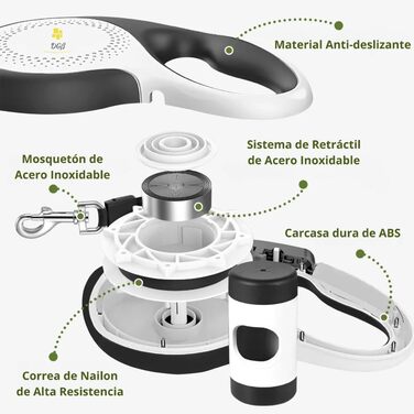 Висувна поводок для собак, 3 м, довгий поводок для маленьких, середніх та великих собак, ергономічна ручка, до 15 кг, білий, L