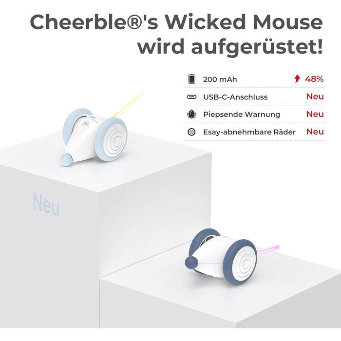 Електронна іграшка для котів Cheerble, інтерактивна мишка з LED-підсвіткою, USB зарядка, автоматична, для домашніх котів і кошенят, синя