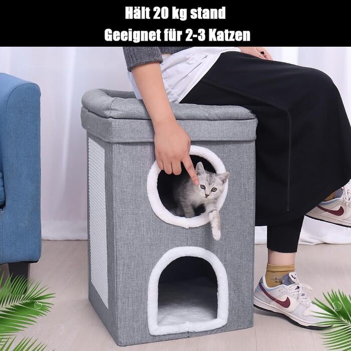 Котячий будиночок-крісло з когтеточкою, 3 рівні, 2 будиночки, когтеточка-дошка, для котів до 20 кг, сірий