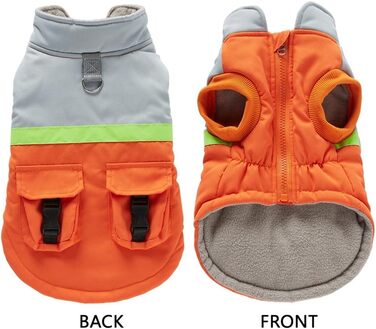 Водонепроникна тепла куртка для собак маленьких та середніх порід. Зігріваючий зимовий одяг для собак, захисна жилетка з отвором для повідка та кишенями. Відбиваюча куртка (Помаранчевий/Сірий, S)