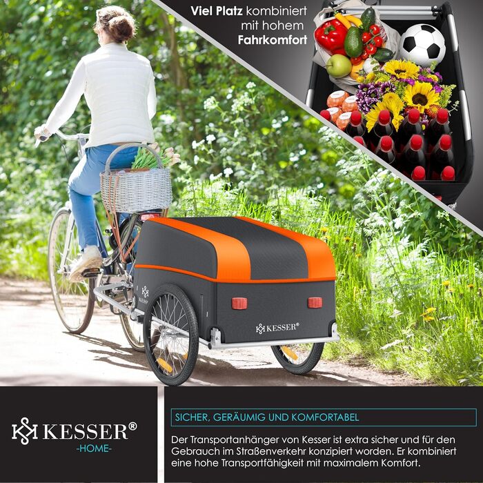 KESSER® Причіп для велосипеда вантажний, 120 літрів, оранжевий/антрацитовий, з дахом та функцією складання