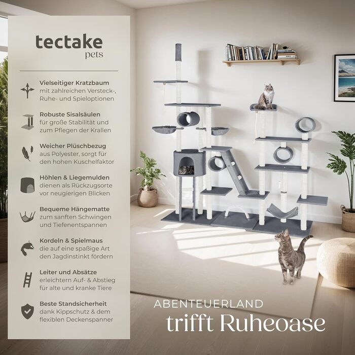 Драбина-кіготь Tectake Snooky | Ігровий центр для котів з багатоярусною драбиною та будиночком | Сірий колір, артикул 403917