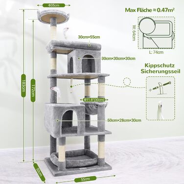 Дряпальня для котів Globlazer XXL, чорно-червона, 183 см, з будиночком, гамаком, платформами, кошиком, для великих порід (Maine Coon, BKH)