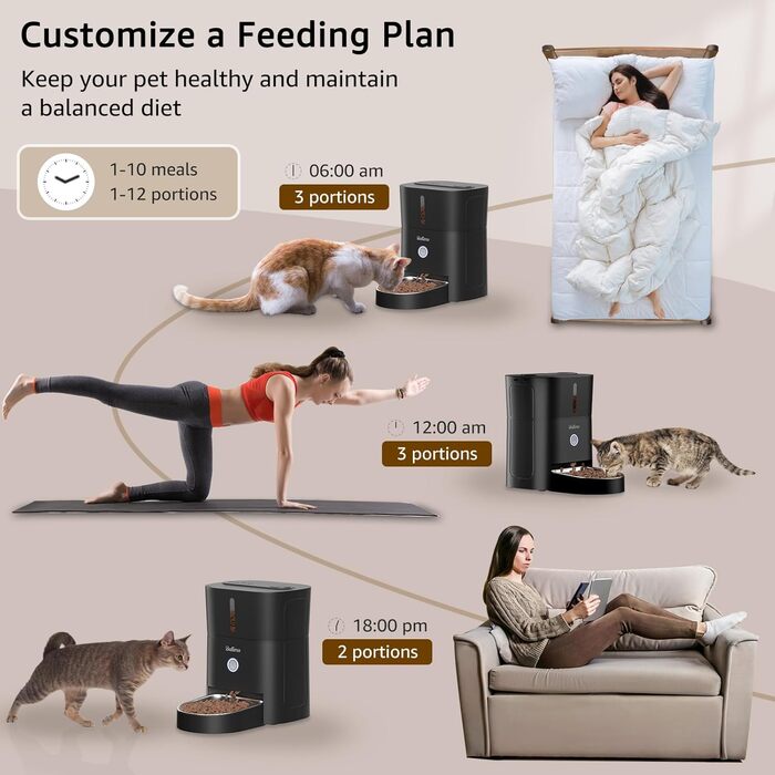 Автомат годування котів Balimo 3L з Wi-Fi, інтелектуальний диспенсер для котів/собак, з підсвічуванням та мискою з нержавіючої сталі 304, керування через додаток, 1-10 прийомів їжі на день, білий/чорний