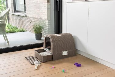 Туалет для котів Curver Petlife з кришкою, лопаткою, ратановий дизайн, колір мокко, 51,5x38,5x40 см