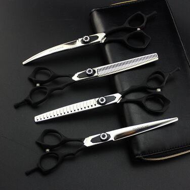 Набір професійних ножиць для грумінгу собак JIESENYU 7.0 дюймів (4 шт.) - прямі та тонкі леза, чорний колір