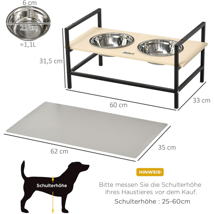 PawHut Підвищена годівниця для собак, регульована миска з нержавіючої сталі з підставкою, килимок під миску, годівниця для малих, середніх та великих собак